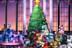 Size: 4029x2702 | Tagged: safe, artist:pridark, derpibooru import, doctor whooves, princess cadance, princess celestia, princess flurry heart, princess luna, shining armor, thorax, time turner, twilight sparkle, twilight sparkle (alicorn), oc, alicorn, bat pony, changeling, pony, absurd resolution, christmas, christmas ornament, christmas tree, commission, cute, decoration, fangs, floppy ears, happy, ocbetes, older, playing card, present, royal sisters, sign, smiling, tree