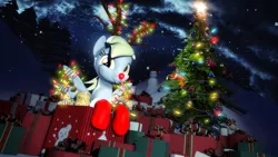 Size: 1920x1080 | Tagged: safe, artist:powdan, derpibooru import, derpy hooves, pegasus, pony, 3d, christmas, christmas lights, christmas ornament, christmas stocking, christmas tree, cute, decoration, female, gmod, mare, night, present, rudolph the red nosed reindeer, snow, snowfall, snowman, tree