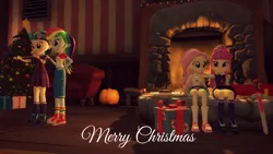 Size: 1920x1080 | Tagged: safe, artist:razethebeast, derpibooru import, fluttershy, indigo zap, rainbow dash, sour sweet, equestria girls, friendship games, legend of everfree, 3d, christmas, christmas tree, clothes, converse, crystal prep academy uniform, fireplace, goggles, group, merry christmas, present, pumpkin, school uniform, shoes, sitting, socks, source filmmaker, sword, tree, weapon