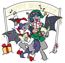 Size: 747x723 | Tagged: safe, artist:egophiliac, derpibooru import, oc, oc:dusk rhine, oc:racket rhine, unofficial characters only, bat pony, pony, adorkable, brothers, candy, candy cane, caroling, christmas, clothes, cute, dork, elf hat, food, glasses, hat, holiday, merry christmas, outfit, present, santa hat, scarf, simple background, singing, transparent background