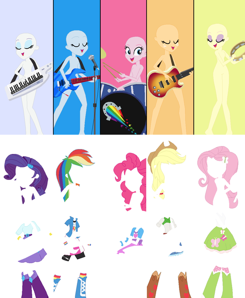 Size: 1054x1281 | Tagged: safe, artist:selenaede, derpibooru import, applejack, fluttershy, pinkie pie, rainbow dash, rarity, equestria girls, base used, bass guitar, boots, bracelet, clothes, cowboy hat, cymbals, denim skirt, drum kit, drums, drumsticks, electric guitar, guitar, hat, high heel boots, humane five, jewelry, keytar, microphone, musical instrument, skirt, socks, stetson, tambourine