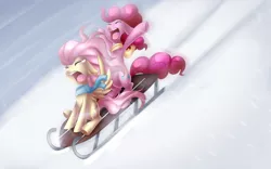 Size: 4800x3000 | Tagged: absurd resolution, artist:scarlet-spectrum, cheering, clothes, crying, derpibooru import, duo, eyes closed, fluttershy, fun, open mouth, pinkie pie, raised hoof, safe, scarf, screaming, sled, sledding, snow, varying degrees of amusement, wheeeee