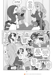 Size: 1200x1697 | Tagged: safe, artist:pia-sama, derpibooru import, applejack, fluttershy, rainbow dash, rarity, spike, anthro, dragon, earth pony, pegasus, plantigrade anthro, unicorn, comic:rogue diamond, agony, bandage, bed, censored vulgarity, clothes, comic, crying, dialogue, freckles, grawlixes, grayscale, monochrome, off shoulder, older, older spike, resting, sweater, sweatershy, this will end in trauma