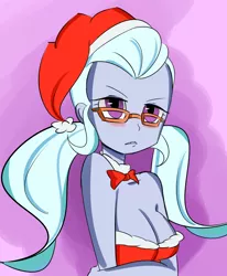 Size: 1468x1778 | Tagged: suggestive, artist:piccolocwel, derpibooru import, sugarcoat, equestria girls, friendship games, blushing, bowtie, breasts, busty sugarcoat, christmas, cleavage, female, hat, looking at you, santa hat, solo, solo female