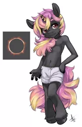 Size: 778x1200 | Tagged: safe, artist:aogami, derpibooru import, oc, oc:darkstar, unofficial characters only, anthro, unguligrade anthro, unicorn, anthro oc, belly button, clothes, eclipse, head tilt, looking at you, male, partial nudity, raised hoof, shorts, smiling, solo, topless, unshorn fetlocks
