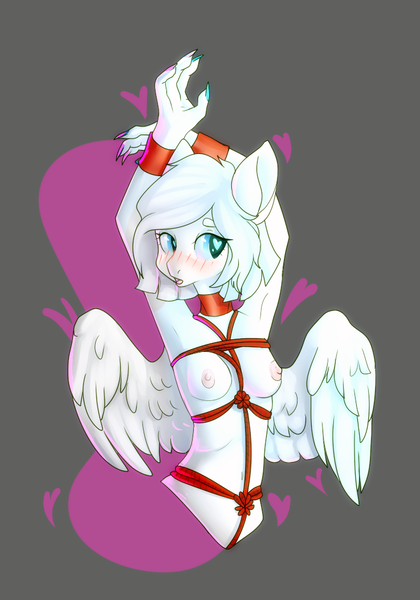 Size: 737x1052 | Tagged: questionable, artist:elvche, derpibooru import, oc, unofficial characters only, anthro, pegasus, blushing, bondage, breasts, commission, female, heart eyes, nipples, nudity, shibari, solo, solo female, wingding eyes, wings