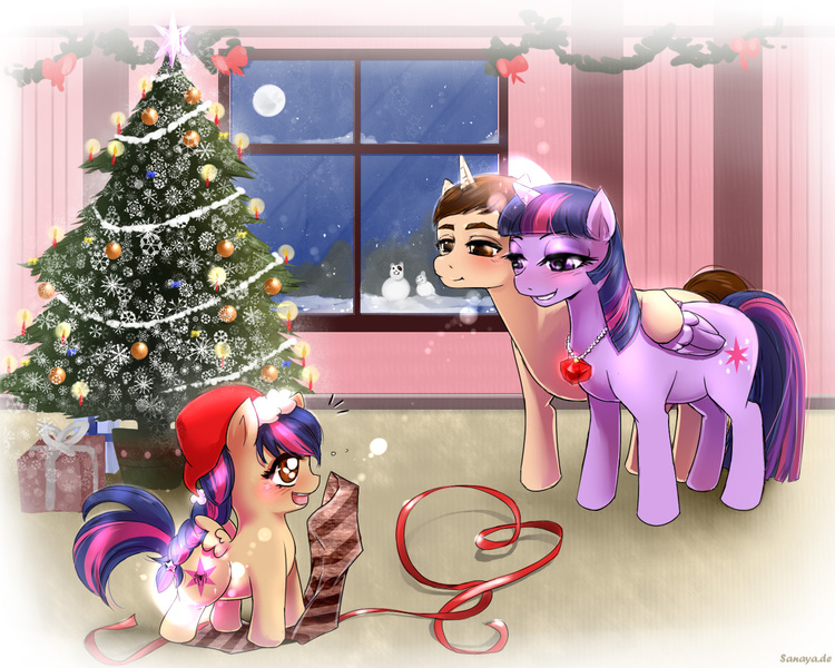 Size: 1270x1016 | Tagged: safe, artist:sanaya, derpibooru import, twilight sparkle, twilight sparkle (alicorn), oc, oc:mayday parker sparkle, alicorn, pegasus, pony, unicorn, christmas tree, crossover, crossover shipping, daughter, family, father, father and daughter, happy holidays, hat, hearth's warming eve, jewelry, male, merry christmas, mother, mother and daughter, necklace, offspring, parent:peter parker, parent:twilight sparkle, parents:spidertwi, peter parker, present, ribbon, ruby, santa hat, shipping, snow, spider-man, spidertwi, straight, tree