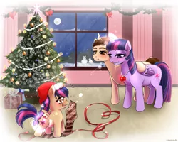 Size: 1270x1016 | Tagged: safe, artist:sanaya, derpibooru import, twilight sparkle, twilight sparkle (alicorn), oc, oc:mayday parker sparkle, alicorn, pegasus, pony, unicorn, christmas tree, crossover, crossover shipping, daughter, family, father, father and daughter, happy holidays, hat, hearth's warming eve, jewelry, male, merry christmas, mother, mother and daughter, necklace, offspring, parent:peter parker, parent:twilight sparkle, parents:spidertwi, peter parker, present, ribbon, ruby, santa hat, shipping, snow, spider-man, spidertwi, straight, tree