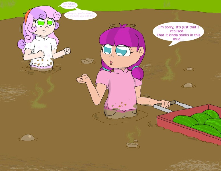 Size: 2200x1700 | Tagged: artist:basher-the-basilisk, bog, derpibooru import, dirty, female, food, fruit, human, humanized, lily longsocks, muck, mud, quicksand, safe, smell, smelly, swamp, sweetie belle, sweetiedumb, sweetie fail, visible stench, watermelon