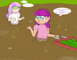Size: 2200x1700 | Tagged: artist:basher-the-basilisk, bog, derpibooru import, dirty, female, food, fruit, human, humanized, lily longsocks, muck, mud, quicksand, safe, smell, smelly, swamp, sweetie belle, sweetiedumb, sweetie fail, visible stench, watermelon