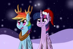 Size: 1544x1050 | Tagged: safe, artist:zogzor, derpibooru import, rainbow dash, twilight sparkle, twilight sparkle (alicorn), alicorn, pony, ear fluff, female, hat, horse collar, lesbian, night, reindeer antlers, reindeer dash, santa hat, shipping, snow, snowfall, twidash