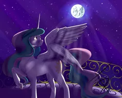 Size: 3500x2800 | Tagged: safe, artist:fullmoondagger, derpibooru import, princess celestia, balcony, crepuscular rays, looking up, mare in the moon, moon, moonlight, night, raised hoof, solo, spread wings, stars