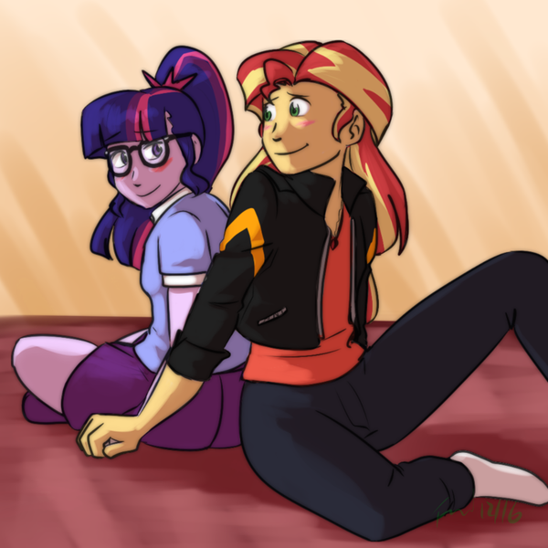 Size: 800x800 | Tagged: safe, artist:funakounasoul, derpibooru import, sci-twi, sunset shimmer, twilight sparkle, equestria girls, blushing, clothes, cute, female, glasses, holding hands, jacket, leather jacket, lesbian, looking back, pants, scitwishimmer, shimmerbetes, shipping, sitting, skirt, smiling, socks, sunsetsparkle, twiabetes