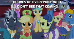 Size: 400x215 | Tagged: apple bloom, applejack, caesar, caption, clothes, count caesar, dark moon, derpibooru import, discovery family logo, dress, edit, edited screencap, graphite, image macro, looking at you, make new friends but keep discord, masquerade, meme, perfect pace, pokey pierce, reaction image, safe, screencap, sunshower raindrops