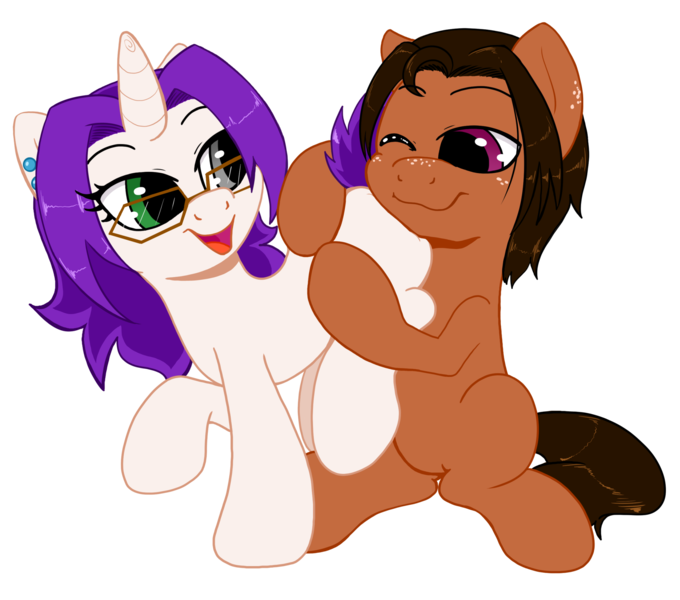 Size: 2042x1802 | Tagged: safe, artist:kyokimute, derpibooru import, oc, oc:dioponi, oc:kyoponi, unofficial characters only, earth pony, pony, unicorn, 2017 community collab, derpibooru community collaboration, butthug, glasses, heterochromia, hug, kyodio, plot, simple background, sitting, transparent background