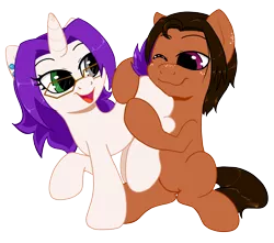 Size: 2042x1802 | Tagged: safe, artist:kyokimute, derpibooru import, oc, oc:dioponi, oc:kyoponi, unofficial characters only, earth pony, pony, unicorn, 2017 community collab, derpibooru community collaboration, butthug, glasses, heterochromia, hug, kyodio, plot, simple background, sitting, transparent background