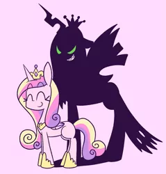 Size: 1457x1527 | Tagged: artist:typhwosion, changeling, derpibooru import, disguise, disguised changeling, fake cadance, grin, princess cadance, queen chrysalis, safe, shadow, smiling