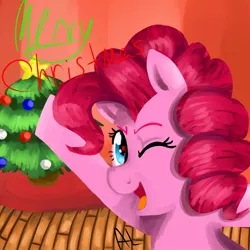 Size: 894x894 | Tagged: artist:pandaamanda11, christmas tree, derpibooru import, merry christmas, pinkie pie, safe, solo, tree