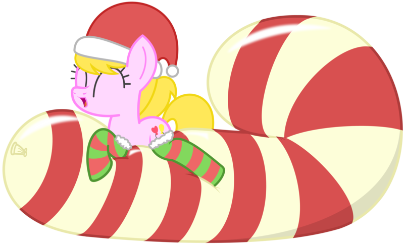 Size: 2528x1531 | Tagged: artist:sny-por, balloon, balloon fetish, balloon riding, balloon sitting, candy, candy cane, christmas, clothes, derpibooru import, fetish, food, hat, oc, oc:lola balloon, ponytail, safe, santa hat, simple background, socks, solo, striped socks, transparent background, unofficial characters only