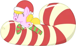 Size: 2528x1531 | Tagged: artist:sny-por, balloon, balloon fetish, balloon riding, balloon sitting, candy, candy cane, christmas, clothes, derpibooru import, fetish, food, hat, oc, oc:lola balloon, ponytail, safe, santa hat, simple background, socks, solo, striped socks, transparent background, unofficial characters only