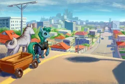 Size: 1000x666 | Tagged: safe, artist:adeptus-monitus, derpibooru import, oc, oc:lonely day, unofficial characters only, dog, earth pony, pony, fanfic:the last pony on earth, ponies after people, cart, city, cityscape, clothes, female, hooves, mare, raised hoof, solo