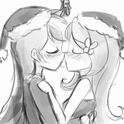 Size: 2000x2000 | Tagged: suggestive, artist:lumineko, derpibooru import, fluttershy, rainbow dash, human, blushing, drool, drool string, eyes closed, female, flutterdash, hat, humanized, kissing, lesbian, mistletoe, monochrome, santa hat, shipping, sketch