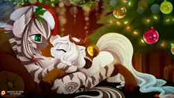 Size: 1300x731 | Tagged: safe, artist:arctic-fox, derpibooru import, oc, oc:ashley fox, oc:patrick poe, unofficial characters only, zebra, christmas, christmas ornament, christmas tree, clothes, cuddling, cute, decoration, duo, eyes closed, hat, holly, ocbetes, patreon, patreon logo, reindeer antlers, santa hat, smiling, snuggling, socks, tree, window