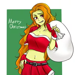Size: 1000x1000 | Tagged: suggestive, artist:raika0306, derpibooru import, adagio dazzle, human, equestria girls, rainbow rocks, belly, belly button, belt, blushing, breasts, busty adagio dazzle, christmas, cleavage, clothes, costume, female, holiday, merry christmas, midriff, sack, santa costume, santa sack, sexy, sexy santa costume, skirt, smiling, solo, solo female, tube top