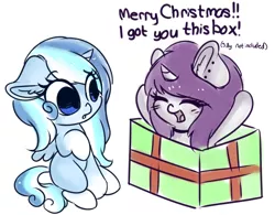 Size: 1280x998 | Tagged: safe, artist:wickedsilly, derpibooru import, oc, oc:princess winter snow, oc:wicked silly, unofficial characters only, alicorn, pony, unicorn, alicorn oc, chibi, cute, dialogue, duo, ocbetes, ponysona, present, simple background, white background