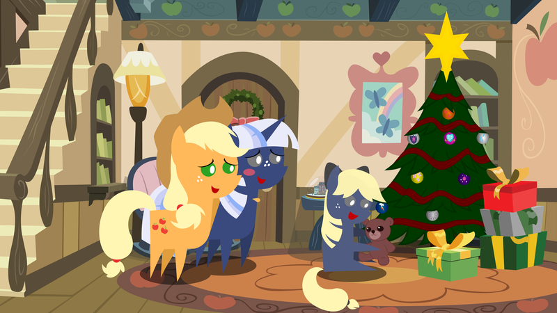 Size: 6666x3747 | Tagged: safe, artist:steampunk-brony, derpibooru import, applejack, oc, oc:ellison, oc:silverlay, absurd resolution, bow, canon x oc, christmas tree, female, hair bow, lesbian, magical lesbian spawn, offspring, parent:applejack, parent:oc:silverlay, parents:canon x oc, parents:silverjack, pointy ponies, present, silverjack, teddy bear, tree