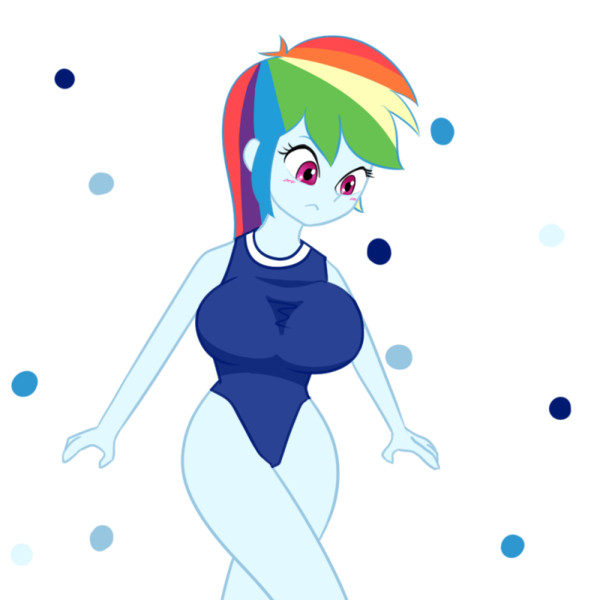 Size: 600x600 | Tagged: artist needed, suggestive, derpibooru import, rainbow dash, equestria girls, blushing, breasts, busty rainbow dash, clothes, female, one-piece swimsuit, solo, swimsuit