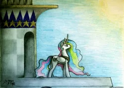 Size: 2819x2000 | Tagged: artist:ponystarpony, balcony, derpibooru import, princess celestia, safe, solo, sun, traditional art