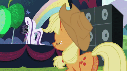 Size: 480x270 | Tagged: semi-grimdark, artist:wissle, derpibooru import, edit, edited screencap, screencap, applejack, coloratura, svengallop, twilight sparkle, twilight sparkle (alicorn), alicorn, earth pony, pony, the mane attraction, animated, countess coloratura, death, disintegration, execution, fatality, female, flying, gif, glowing horn, i can't believe it's not superedit, lidded eyes, lightning, magic, male, mare, murder, parody, punishment, salute, scene parody, smirk, sound at source, spread wings, stage, stallion, svenabuse, this will end in tears, waving, youtube link