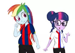 Size: 1174x829 | Tagged: safe, artist:mildockart, derpibooru import, rainbow dash, sci-twi, twilight sparkle, equestria girls, clothes, crystal palace fc, duo, fist, football, glasses, open mouth, pants, simple background, uniform, white background