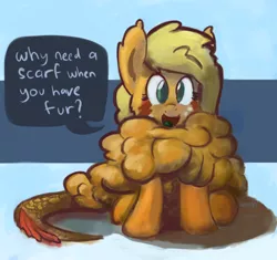 Size: 540x507 | Tagged: applejack, artist:aemantaslim, dead source, derpibooru import, fluffy, fur, monster pony, original species, safe, solo, species swap, speech bubble, tatzljack, tatzlpony