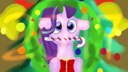 Size: 1280x720 | Tagged: safe, artist:jbond, derpibooru import, starlight glimmer, 2017, christmas, christmas lights, christmas tree, floppy ears, postcard, present, solo, sugar cane, text, tree