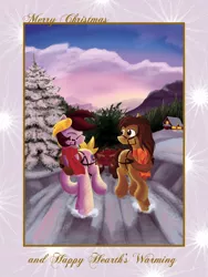 Size: 900x1200 | Tagged: safe, artist:stec-corduroyroad, derpibooru import, oc, oc:corduroy road, oc:mattyhex, unofficial characters only, earth pony, pony, bridle, christmas, clothes, cordy, hearth's warming, painting, scarf, scarves, sleigh, snow, snowfall, tack, tree