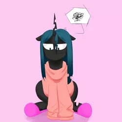 Size: 2000x2000 | Tagged: artist:passigcamel, clothes, derpibooru import, pictogram, queen chrysalis, queen chrysalis is not amused, safe, simple background, sitting, slippers, solo, sweater, unamused