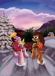 Size: 3600x5000 | Tagged: safe, artist:stec-corduroyroad, derpibooru import, oc, oc:corduroy road, oc:mattyhex, unofficial characters only, earth pony, pony, absurd resolution, bridle, christmas, clothes, cordy, hearth's warming, scarf, scarves, sleigh, snow, snowfall, tack, tree