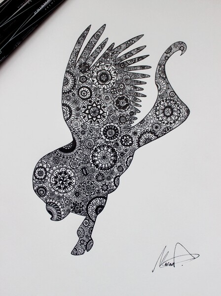 Size: 1600x2145 | Tagged: artist:marzillas-art, black and white, derpibooru import, fluttershy, flying, grayscale, monochrome, profile, safe, silhouette, solo, spread wings, traditional art, zentangle