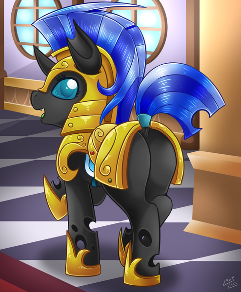 Size: 1500x1822 | Tagged: armor, artist:vavacung, changeling, cute, cuteling, derpibooru import, dock, female, guardsmare, helmet, looking at you, looking back, open mouth, plot, raised hoof, raised leg, raised tail, royal guard, royal guard armor, smiling, solo, suggestive, tail, tail wrap, the ass was fat, vavacung is trying to murder us