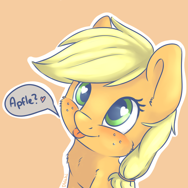 Size: 3200x3200 | Tagged: safe, artist:dbleki, derpibooru import, applejack, pony, apple, blushing, bust, cheek fluff, chest fluff, cute, fluffy, fluffyball, food, hatless, heart, heart eyes, jackabetes, missing accessory, portrait, silly, silly pony, simple background, smiling, solo, that pony sure does love apples, tongue out, who's a silly pony, wingding eyes