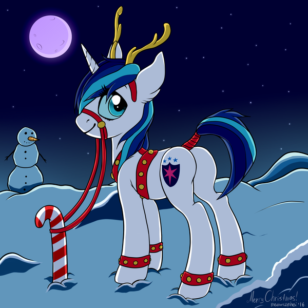 Size: 2000x2000 | Tagged: alternate version, ankle bracelet, antlers, artist:meowcephei, bridle, christmas, deer, derpibooru import, gleaming shield, harness, headband, night, plot, reindeer, reins, rule 63, safe, santa claus, shining armor, snow, snowman, solo, tail wrap, winter, ych result