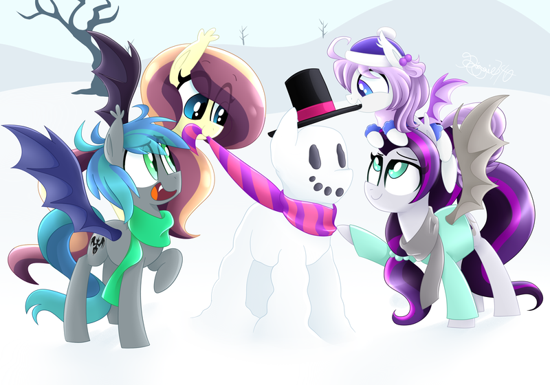 Size: 3000x2100 | Tagged: safe, artist:siggie740, derpibooru import, oc, oc:lunar lily, oc:sweet hum, oc:swift edge, unofficial characters only, bat pony, pony, clothes, coat, cute, family, female, filly, husband and wife, male, ocbetes, offspring, parent:oc:sweet hum, parent:oc:swift edge, parents:oc x oc, parents:sweetedge, scarf, siblings, sisters, snow, snowpony, sweetedge, winter outfit