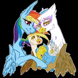 Size: 756x755 | Tagged: safe, artist:shimmering--sunlight, derpibooru import, gilda, rainbow dash, oc, oc:gren, oc:rainbow feather, classical hippogriff, gryphon, hippogriff, brother and sister, colt, family, female, foal, gildash, hug, interspecies, interspecies offspring, lesbian, magical lesbian spawn, mother and daughter, mother and son, next generation, offspring, parent:gilda, parent:rainbow dash, parents:gildash, shipping