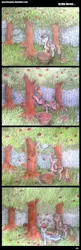 Size: 728x2236 | Tagged: safe, artist:ponystarpony, derpibooru import, applejack, rainbow dash, apple, apple tree, basket, bucking, circling stars, comic, food, traditional art, tree