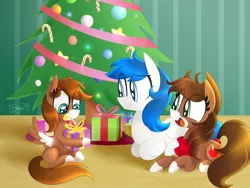 Size: 2600x1950 | Tagged: safe, artist:siggie740, derpibooru import, oc, unofficial characters only, pegasus, pony, bandana, big eyes, candy, candy cane, christmas, christmas ornament, christmas tree, cowboy hat, cute, decoration, family, food, happy, hat, ocbetes, smiling, stetson, tree, trio