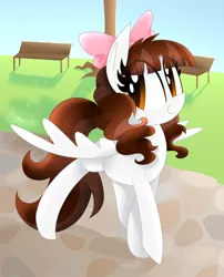 Size: 1700x2100 | Tagged: safe, artist:siggie740, derpibooru import, oc, oc:jennabun, unofficial characters only, pegasus, pony, bow, cute, hair bow, ocbetes, park bench, pathway, smiling, solo, spread wings