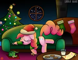 Size: 1300x1000 | Tagged: artist:lennonblack, candy, candy cane, christmas stocking, christmas tree, clothes, cookie, derpibooru import, food, gingerbread man, gummy, hat, letter, milk, night, patreon, patreon logo, pinkie pie, safe, santa hat, sleeping, sweater, tree
