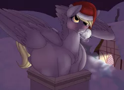 Size: 4000x2900 | Tagged: safe, artist:m-p-l, derpibooru import, derpy hooves, pegasus, pony, belly, big belly, blushing, chest fluff, chimney, female, hat, kicking, mare, pregnant, santa hat, snow, solo, stuck